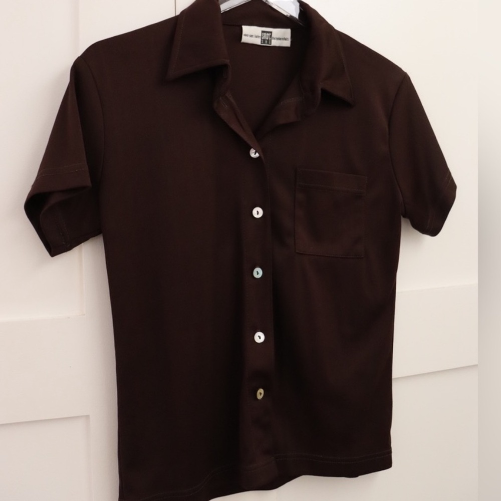 Vintage 90s Smart Set Chocolate Brown Short Sleeve Ladies Button Up Blouse